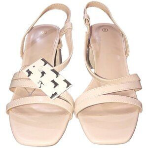 Mysoft Women's Strappy Low Chunky Block Heel Sandals Open Toe Cream/Biege Size 9
